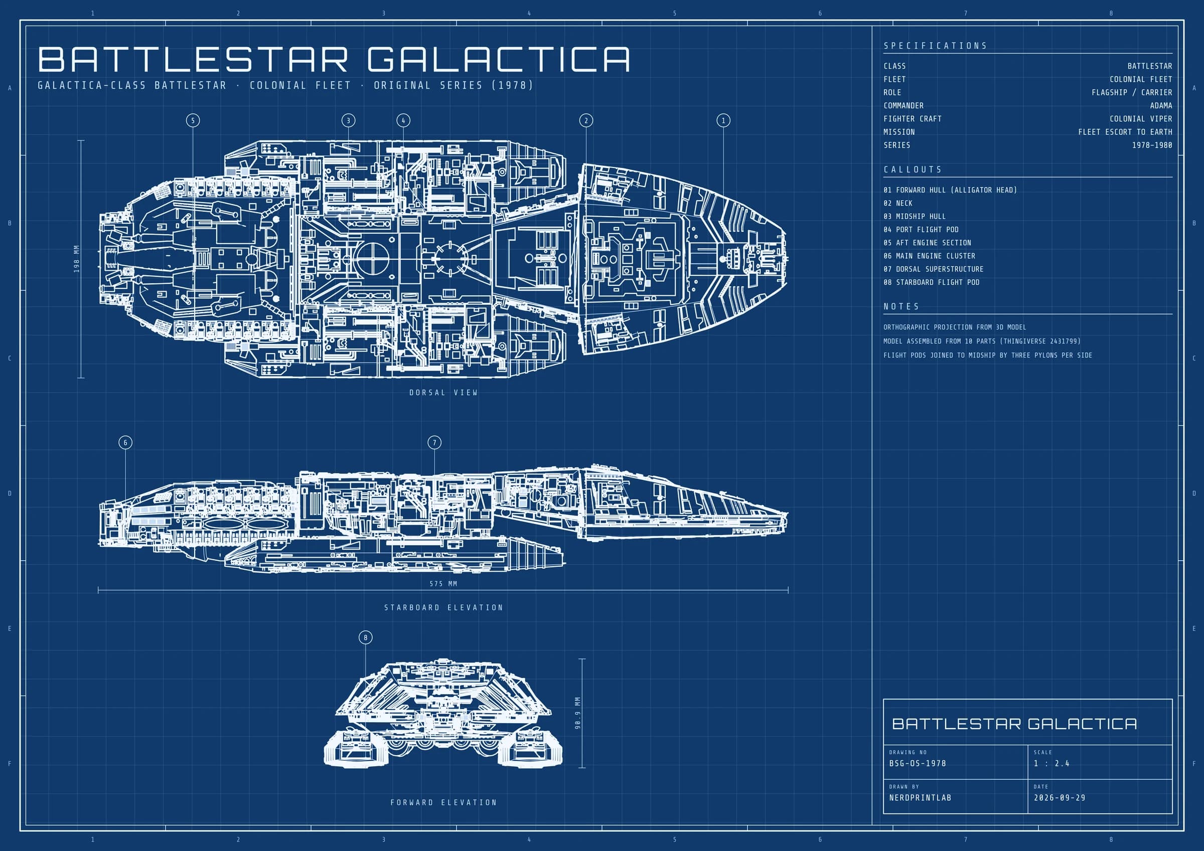 Bauplan Battlestar Galactica 1978 aus Battlestar Galactica: technische Zeichnung, weisse Linien auf Blau, mit Draufsicht, Seitenansicht, Frontansicht. Modelllänge 575 mm, Massstab 1 : 2,4.