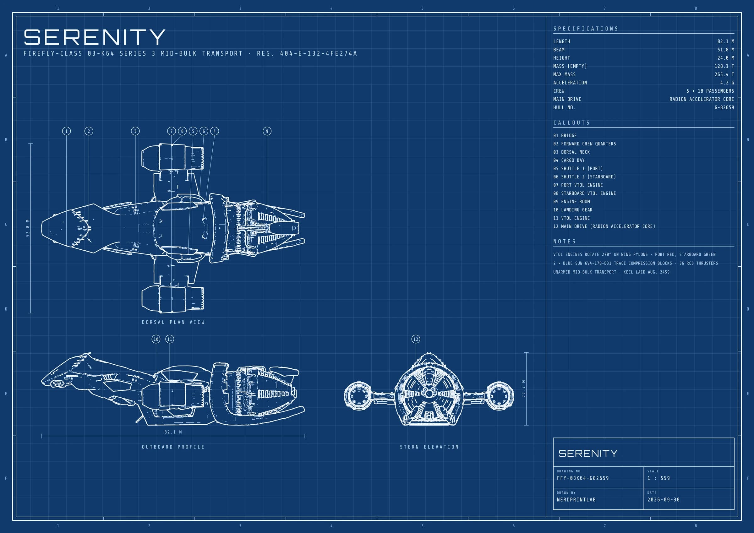 Bauplan Serenity aus Firefly: technische Zeichnung, weisse Linien auf Blau, mit Draufsicht, Seitenansicht, Heckansicht. Länge 82,1 m, Massstab 1 : 559.