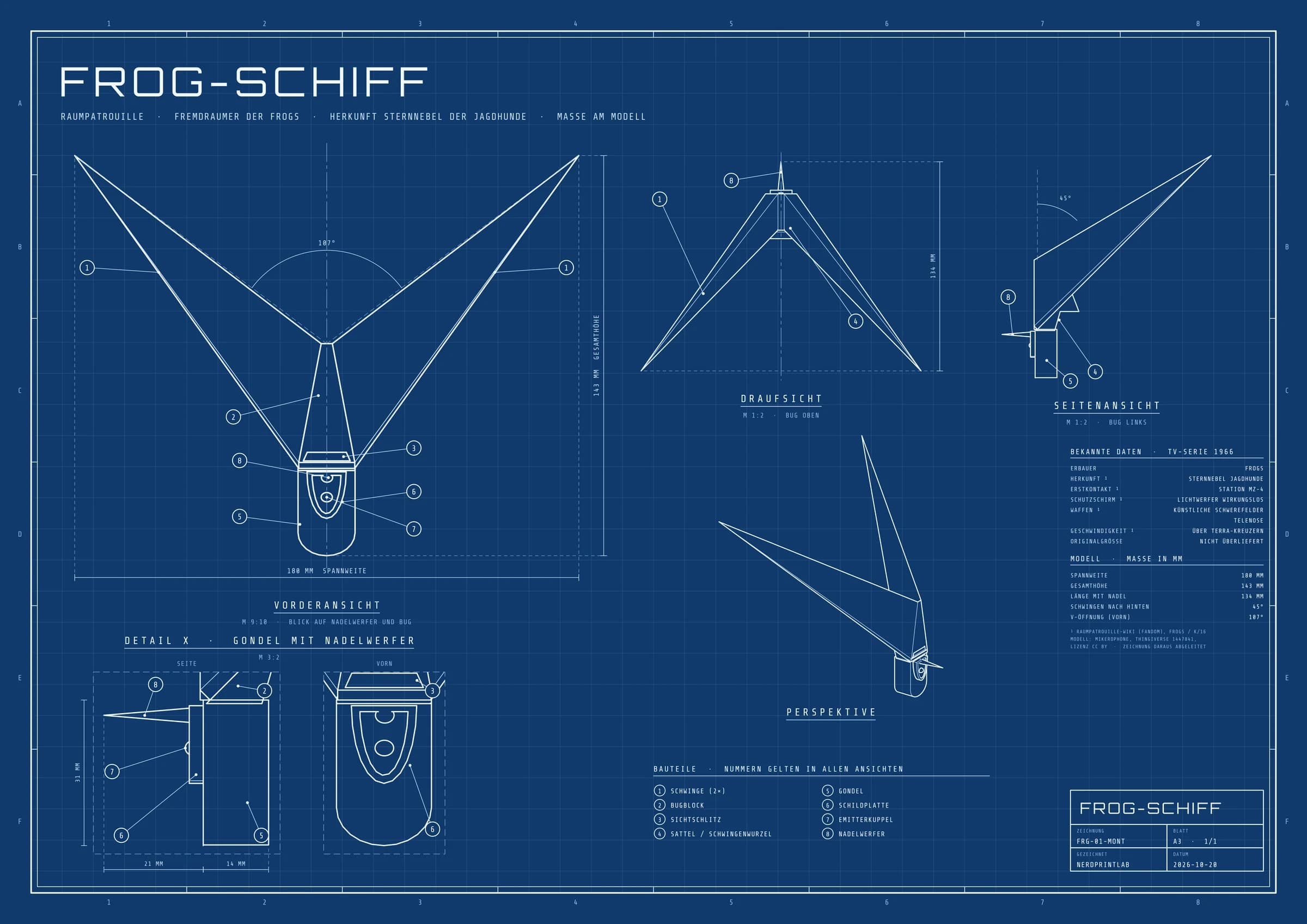 Bauplan Frog-Schiff aus Raumpatrouille Orion: technische Zeichnung, weisse Linien auf Blau, mit Vorderansicht, Draufsicht, Seitenansicht, Perspektive, Detail der Gondel. Spannweite 180 mm, Massstab 1 : 2.