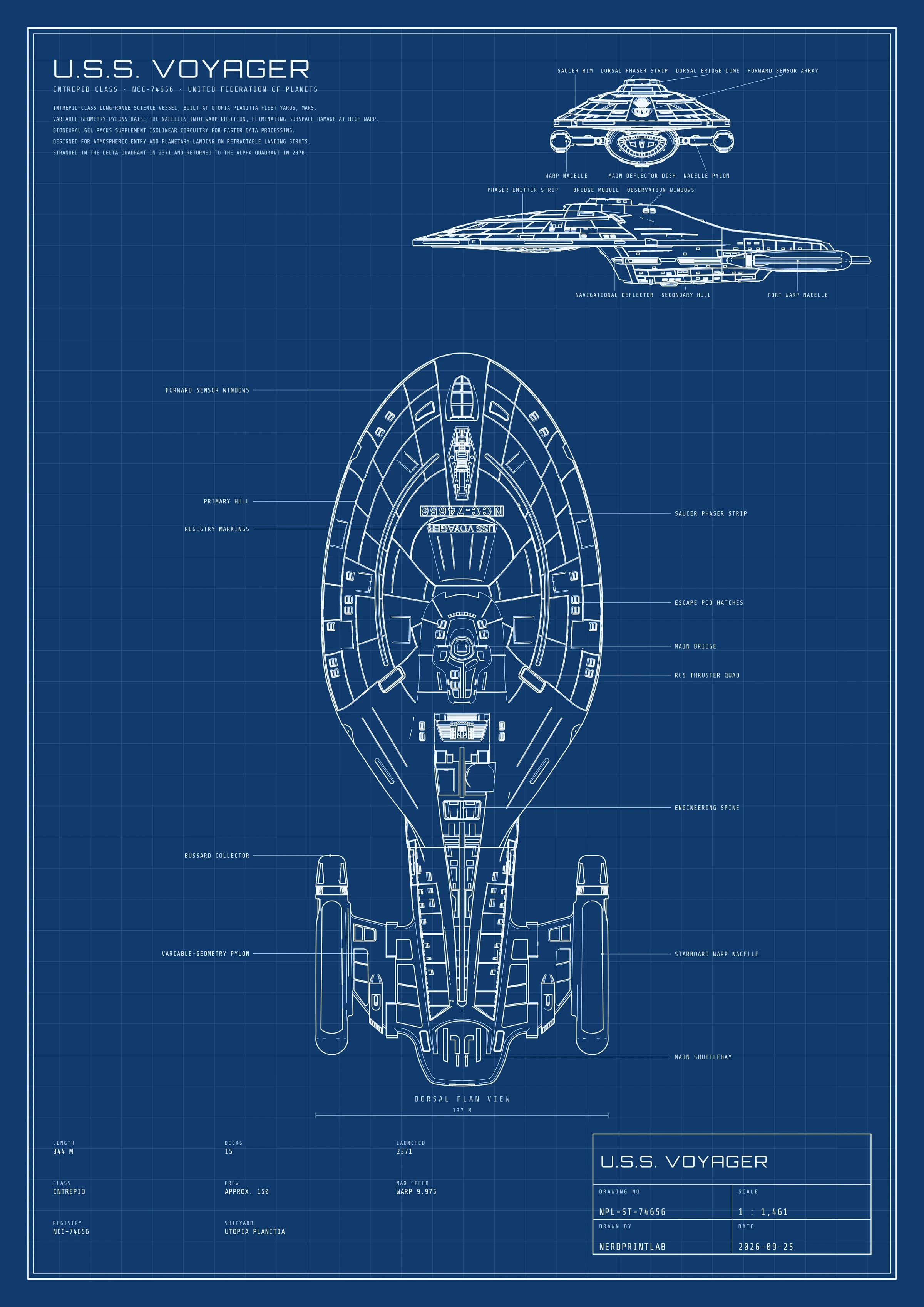 Bauplan U.S.S. Voyager aus Star Trek: technische Zeichnung, weisse Linien auf Blau, mit Draufsicht mit Bauteilbezeichnungen. Length 344 m.
