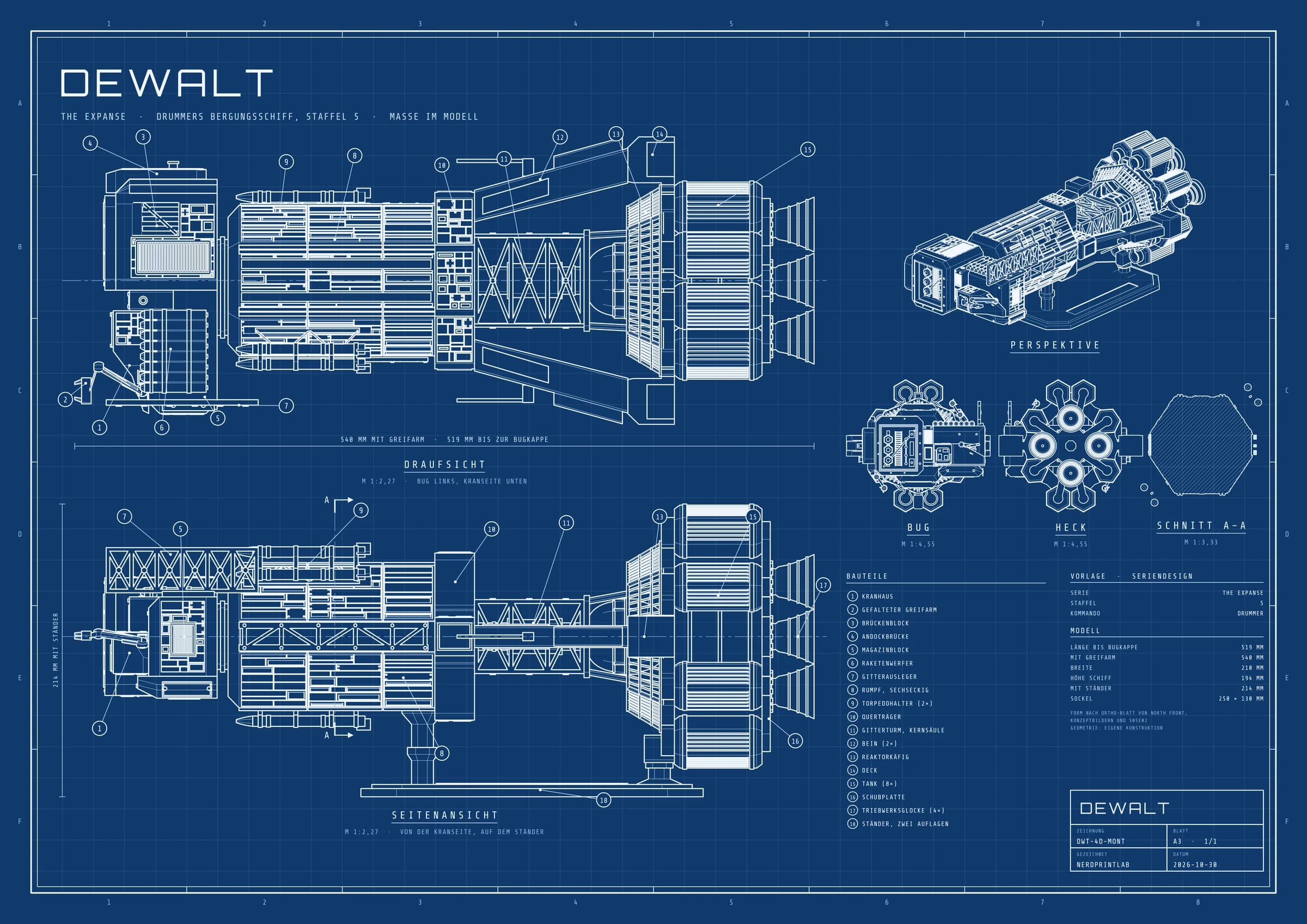 Bauplan Dewalt aus The Expanse: technische Zeichnung, weisse Linien auf Blau, mit Draufsicht, Seitenansicht, Perspektive, Bug, Heck, Schnitt A–A. Länge bis Bugkappe 519 mm, Massstab 1 : 2,27.