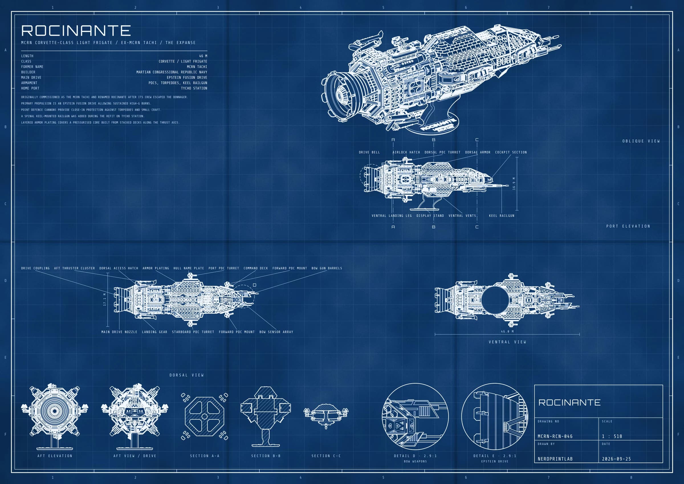 Bauplan Rocinante aus The Expanse: technische Zeichnung, weisse Linien auf Blau, mit Perspektive, Seitenansicht, Ober- und Unterseite, Heckansicht, drei Schnitte, zwei Details. Länge 46 m, Massstab 1 : 518.