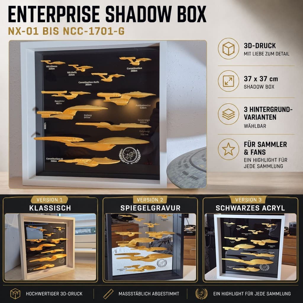 Star Trek Enterprise Shadow Box – NX-01 bis NCC-1701-G – 37×37 cm – 3D Modelle